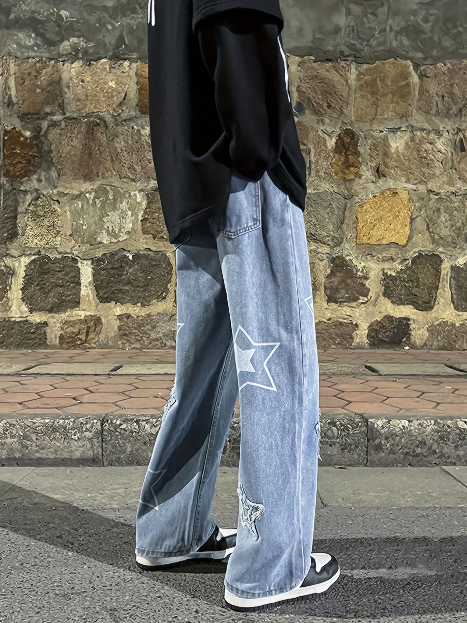 vintage mens korean denim pants y2k cltohes streetwear printed male baggy jeans straight trousers details 1