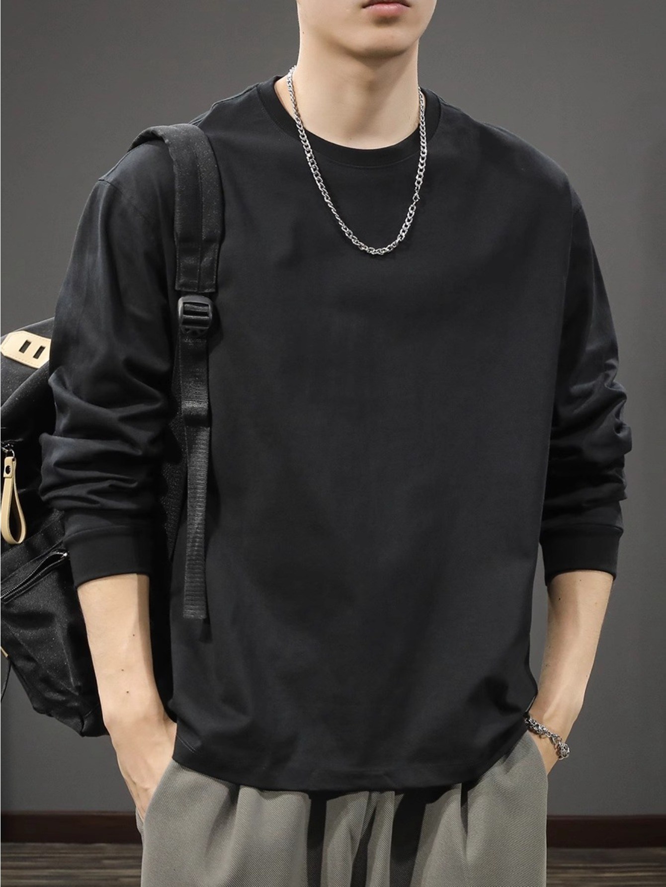 mens casual cotton long sleeve t shirt crew neck loose fit collection details 4