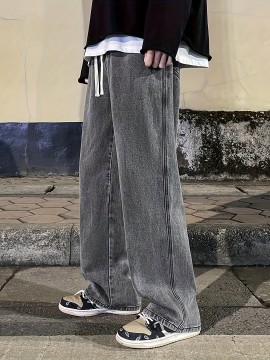 Men's Fashion Solid Loose Fit Straight Leg Jeans, Casual Street Style Denim Pants For Casual Daily Wear