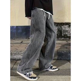 Men's Fashion Solid Loose Fit Straight Leg Jeans, Casual Street Style Denim Pants For Casual Daily Wear
