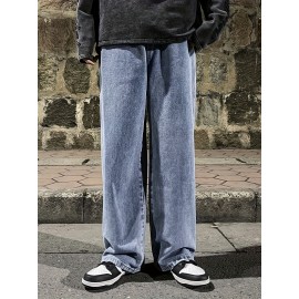 Men's Fashion Solid Loose Fit Straight Leg Jeans, Casual Street Style Denim Pants For Casual Daily Wear