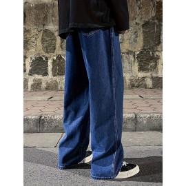Men's Fashion Solid Loose Fit Straight Leg Jeans, Casual Street Style Denim Pants For Casual Daily Wear