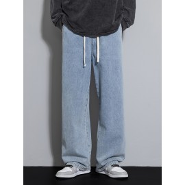 Men's Street Style Wide Leg Denim Jeans, Casual Drawstring Pants, Hip-Hop Loose Fit Jeans