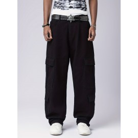 Men's Trendy Hip-Hop Style Loose Fit Cargo Jeans with Multiple Pockets - 100% Cotton, Machine Washable