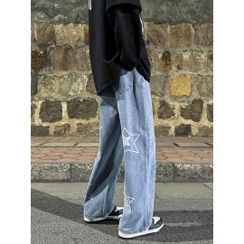 Vintage Men's Korean Denim Pants Y2K Cltohes Streetwear Printed Patchwork Male Baggy Jeans Straight Trousers