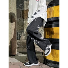 Vintage Men's Korean Denim Pants Y2K Cltohes Streetwear Printed Patchwork Male Baggy Jeans Straight Trousers