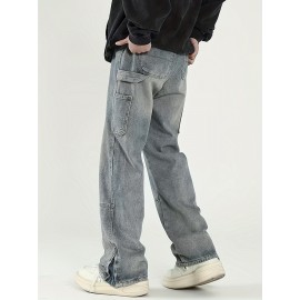 Men's Solid Denim Barrel Pants With Pockets, Vintage Style Cotton Blend Split Jeans For Spring Fall Outdoor Activities