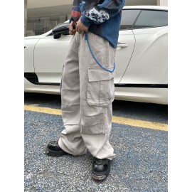 1pc Vintage-Inspired Street Style Loose-Fit Cargo Jeans for Adults, Solid Color Cotton Fabric, Non-Stretch, Multiple Pockets, Regular Length, All-Season Woven Trousers