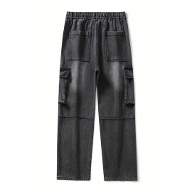 Men's Loose Gradient Color Denim Trousers With Pockets, Causal Drawstring Cotton Blend Jeans For Outdoor Activities