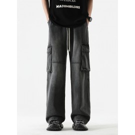 Men's Loose Gradient Color Denim Trousers With Pockets, Causal Drawstring Cotton Blend Jeans For Outdoor Activities