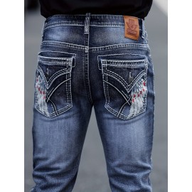 ESDVQ Men's Vintage-Inspired Embroidered Stretch Jeans - Slim Fit, Cotton Blend Denim with Pockets