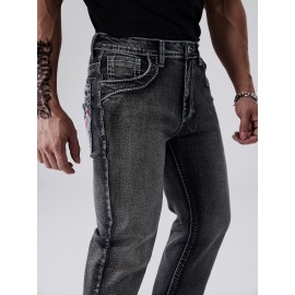 ESDVQ Men's Vintage-Inspired Embroidered Stretch Jeans - Slim Fit, Cotton Blend Denim with Pockets