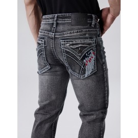 ESDVQ Men's Vintage-Inspired Embroidered Stretch Jeans - Slim Fit, Cotton Blend Denim with Pockets