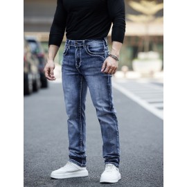 ESDVQ Men's Vintage-Inspired Embroidered Stretch Jeans - Slim Fit, Cotton Blend Denim with Pockets
