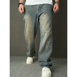 Men'S Faux Denim Washed Retro Casual Straight Leg Pants Fashionable And Versatile High Street Loose Wide Leg Pants