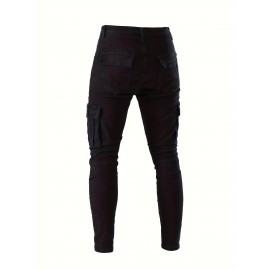 Men's Casual Flap Pocket Skinny Jeans, Chic Street Style Medium Stretch Denim Pants