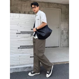 1pc Men'S Casual Denim Cargo Pants, Solid Color, Non-Stretch, Regular Length, Suitable for All Seasons, with Pockets, Woven Fabric, Slim Fit