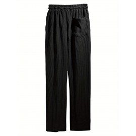 Men's Casual Drawstring Pants - Mid-Waist, Straight Leg, Solid Color Ribbed Design, Polyester Blend, Machine Washable