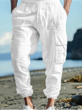 Men's Casual Cargo Pants with Drawstring - Soft, Loose Fit with Multiple Pockets, Solid Color, Machine Washable