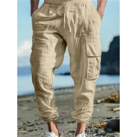 Men's Casual Cargo Pants with Drawstring - Soft, Loose Fit with Multiple Pockets, Solid Color, Machine Washable