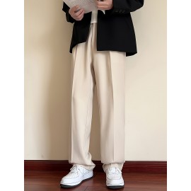 Men's Casual Fashion Pants, Versatile Solid Color, Polyester Fabric, Cropped Length
