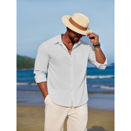 Men'S Polyester Chambray Casual Dress Shirt, Sexy Lapel Collar, Long Sleeve, Solid Color, Slight Stretch Fabric, with Front Slit Hem, Single Breasted Placket, for All-Season Party Wear