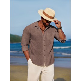 Men'S Polyester Chambray Casual Dress Shirt, Sexy Lapel Collar, Long Sleeve, Solid Color, Slight Stretch Fabric, with Front Slit Hem, Single Breasted Placket, for All-Season Party Wear