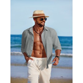 Men'S Polyester Chambray Casual Dress Shirt, Sexy Lapel Collar, Long Sleeve, Solid Color, Slight Stretch Fabric, with Front Slit Hem, Single Breasted Placket, for All-Season Party Wear