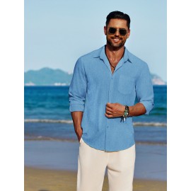 Men'S Polyester Chambray Casual Dress Shirt, Sexy Lapel Collar, Long Sleeve, Solid Color, Slight Stretch Fabric, with Front Slit Hem, Single Breasted Placket, for All-Season Party Wear