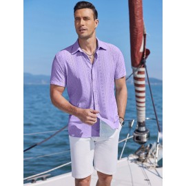Men's Casual Button-Down Beach Shirt - Short Sleeve, Stretch Fabric, Summer Tropical Top with Turquoise Collar