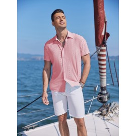 Men's Casual Button-Down Beach Shirt - Short Sleeve, Stretch Fabric, Summer Tropical Top with Turquoise Collar