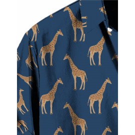 Men's Giraffe 3D Print Casual Shirt, Button Front Short Sleeve Top, Men's Clothes For Daily Wear/Party