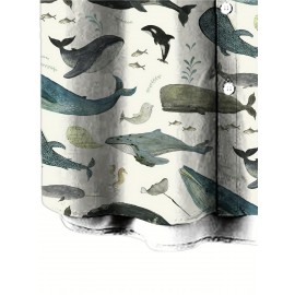 Men's Whale 3D Print Casual Shirt, Button Front Short Sleeve Top, Men's Clothes For Daily Wear/Party