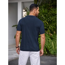 Men'S Summer Casual Knit Button-Down Lapel Shirts - Regular Fit, Slight Stretch Fabric, Solid Color Short Sleeve Casual Shirt with Button Detail