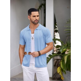 Men'S Summer Casual Knit Button-Down Lapel Shirts - Regular Fit, Slight Stretch Fabric, Solid Color Short Sleeve Casual Shirt with Button Detail