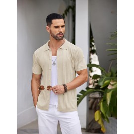 Men'S Summer Casual Knit Button-Down Lapel Shirts - Regular Fit, Slight Stretch Fabric, Solid Color Short Sleeve Casual Shirt with Button Detail