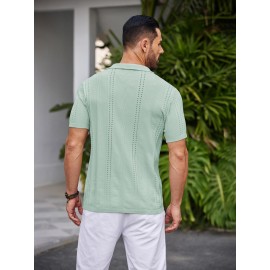 Men'S Summer Casual Knit Button-Down Lapel Shirts - Regular Fit, Slight Stretch Fabric, Solid Color Short Sleeve Casual Shirt with Button Detail