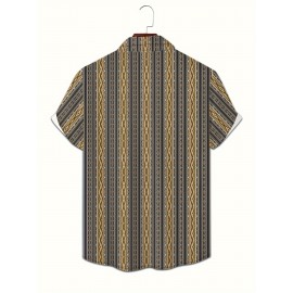 Men's Ethnic Style Geometric Pattern 3D Print Casual Shirt, Button Front Short Sleeve Top, Men's Clothes For Daily Wear/Party