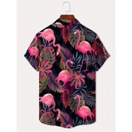 Men's 3D Flamingo Pattern Print Short Sleeve Lapel Shirt Top, Casual Button Up Shirt For Summer Daily Wear And Vacation Resorts