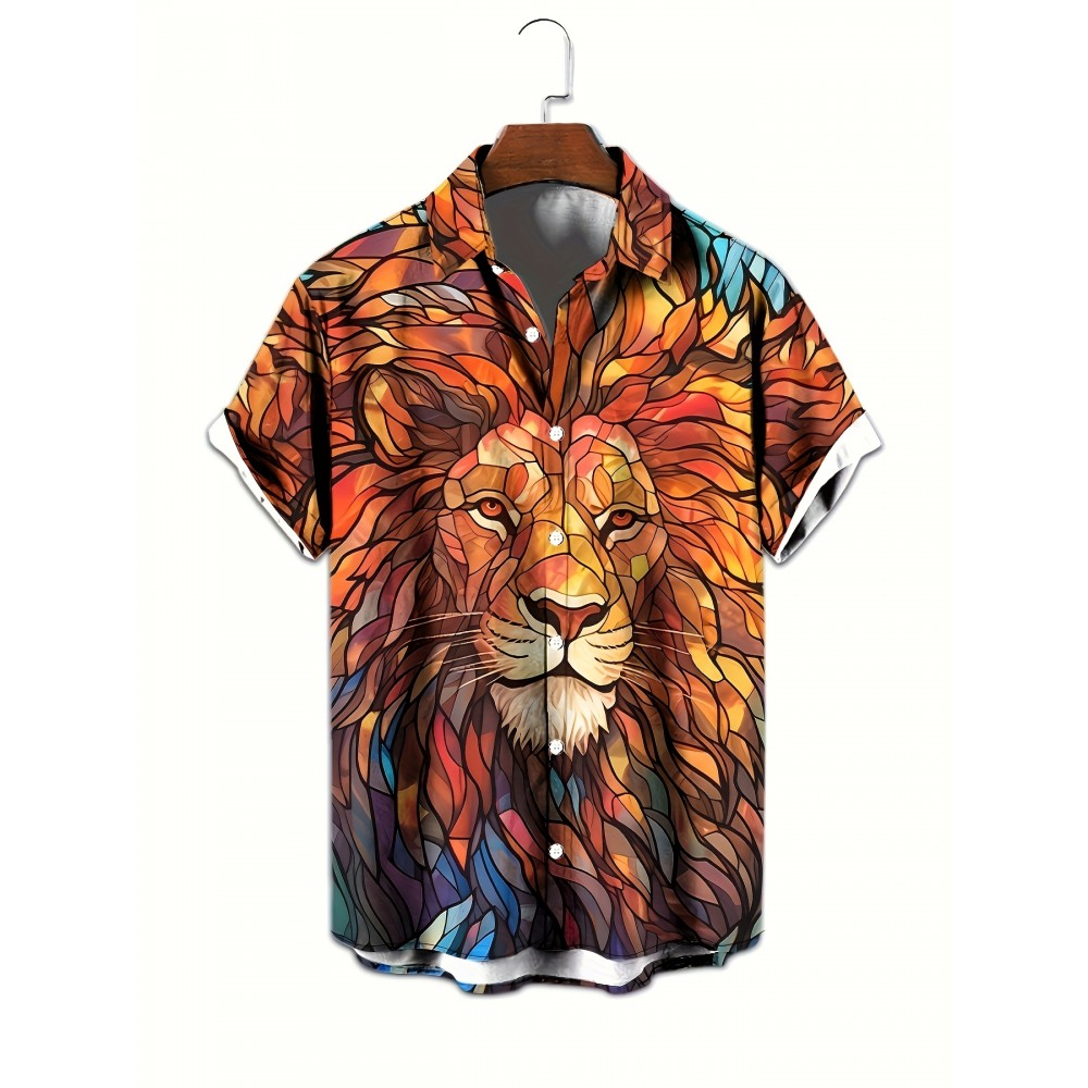 1pc Men'S Casual Short Sleeve Shirt with 3D Lion Print, Polyester Woven Fabric, Slight Stretch, Regular Fit, Lapel Collar - Animal Pattern Design