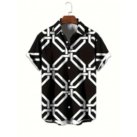 Men's Color * Geometric Pattern 3D Print Casual Shirt, Button Front Short Sleeve Top, Men's Clothes For Daily Wear/Party