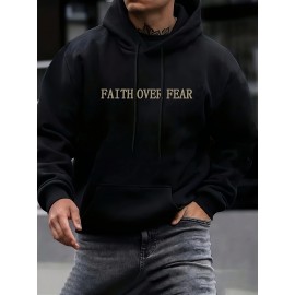 Men's Casual Fleece-Lined Hoodie with Letter Print - Cozy Pullover Sweatshirt, Kangaroo Pocket, Long Sleeve, Polyester Blend