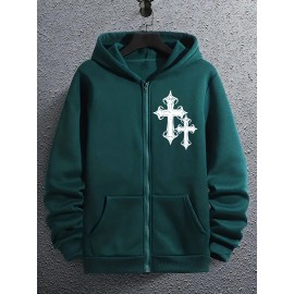 Men's Fashion Geometric Cross Print Hoodie with Comfort Pockets, Full Zip Regular Fit Polyester Knit Fabric Hooded Sweatshirt with Slight Stretch - All Season Style