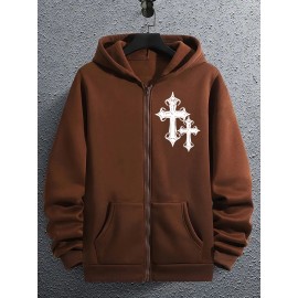 Men's Fashion Geometric Cross Print Hoodie with Comfort Pockets, Full Zip Regular Fit Polyester Knit Fabric Hooded Sweatshirt with Slight Stretch - All Season Style
