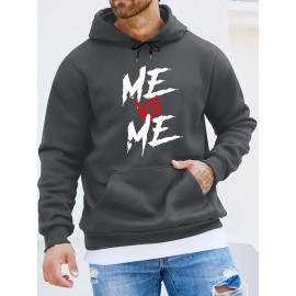 ME VS ME Print, Men's Casual and Cozy Hoodies, Trendy Long Sleeve Hooded Sweatshirt, Casual Versatile Top for Autumn Winter